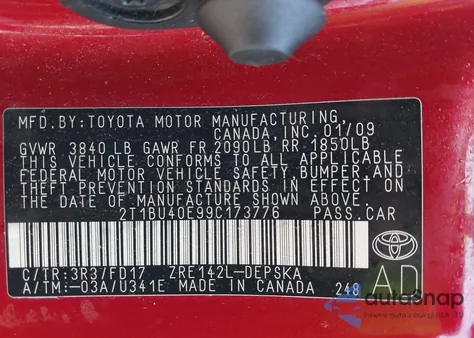 2009 Toyota Corolla S из США, поврежденный, VIN 2T1BU40E99C173776